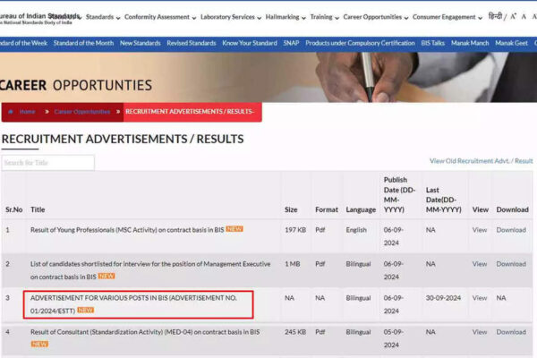 BIS Group A, B, and C Recruitment 2024: Application for 345 Positions Begins September 9