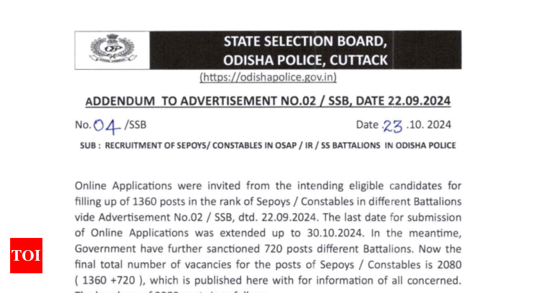 Odisha police constable recruitment 2024: Vacancies increased to 2,080, check details here |