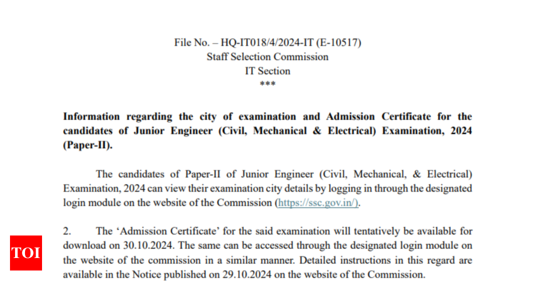 SSC JE paper 2 exam city 2024 issued at ssc.gov.in: Check direct link here