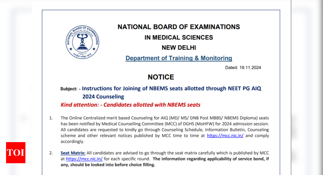 NEET PG 2024: NBEMS issues advisory on joining seats allotted through AIQ 2024, Check key details here